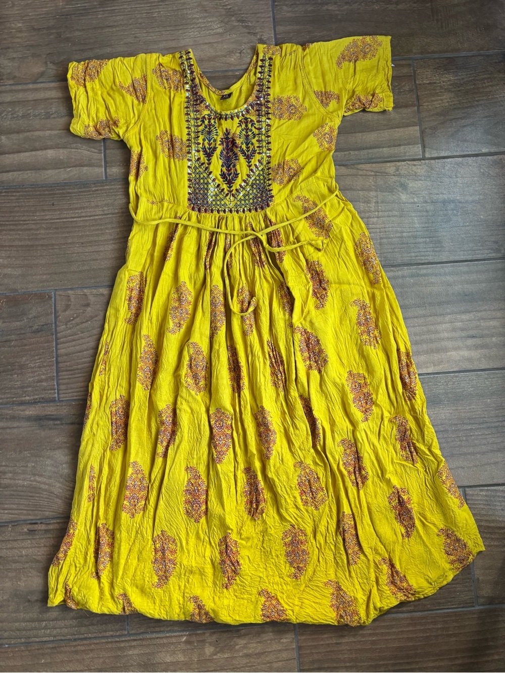 Youth XL Made in India Yellow Embroidered Boho Maxi Dress Sequin Paisley